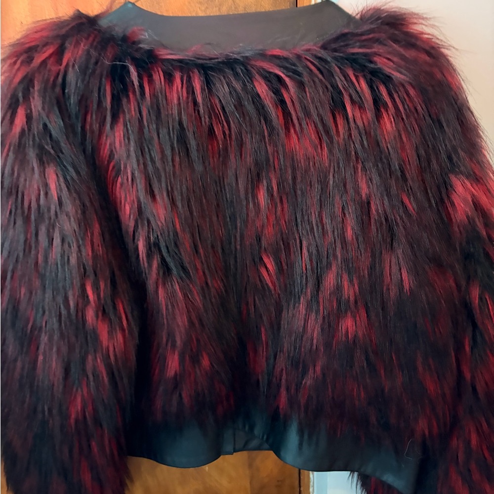 Balmain x H&M Faux Fur Jacket Faux Leather Black Dark Pink Rare - size US 12 - Picture 2 of 10
